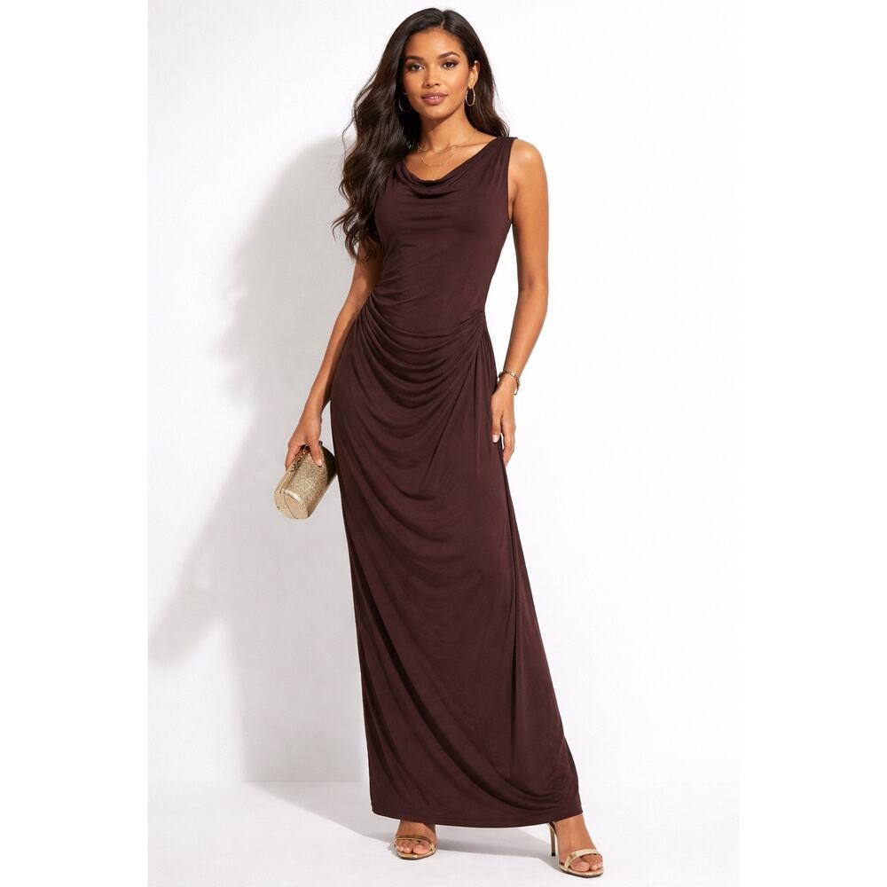 ASOS DESIGN Brown Sleeveless Draped Maxi Dress Cowl Neck Ruched Side Sz 14 NWOT